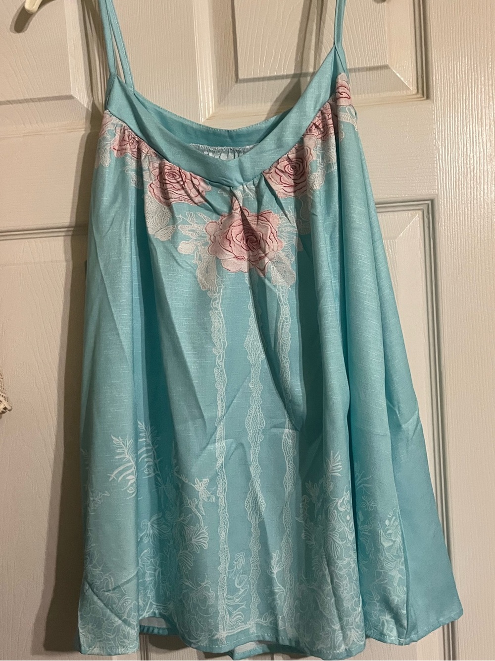 Aqua Blue Floral Slip Dress with Pink Rose Accents